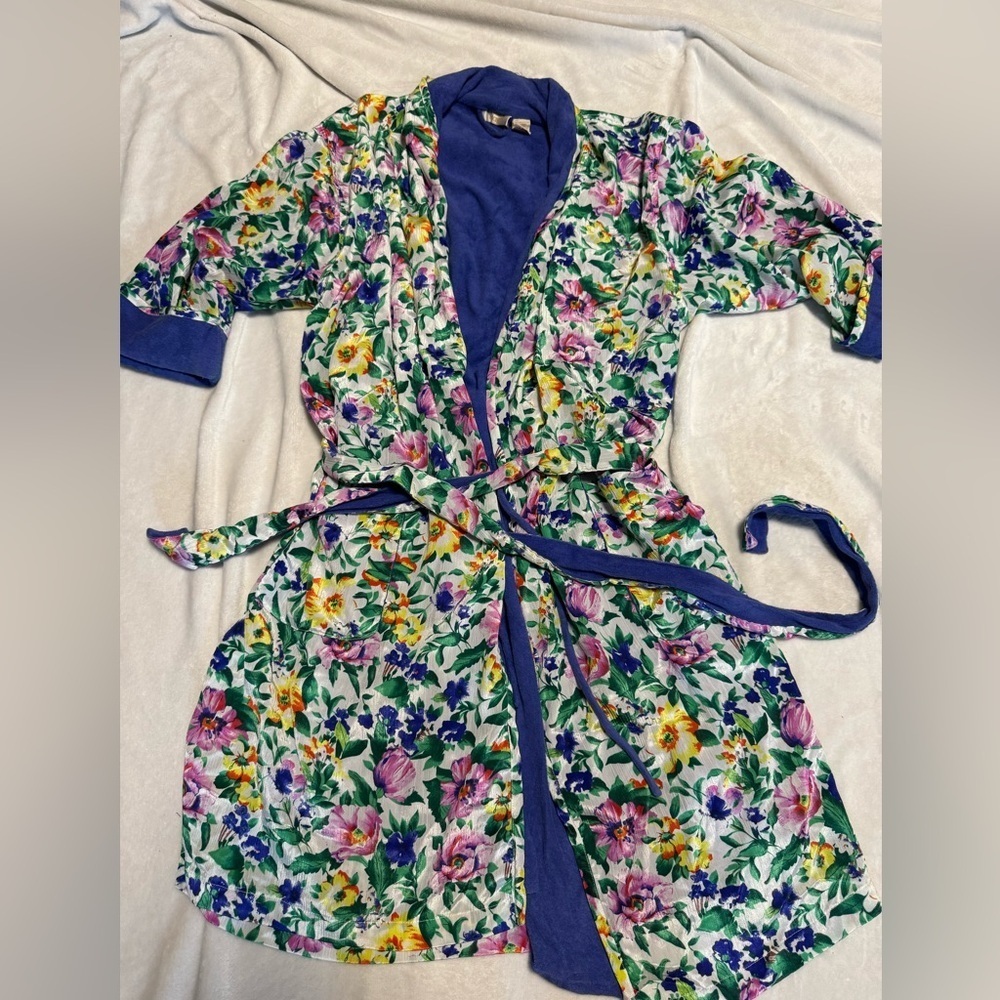 Vintage Gold Label Victorias Secret Bath Robe Terry Cloth Lined Floral One Size